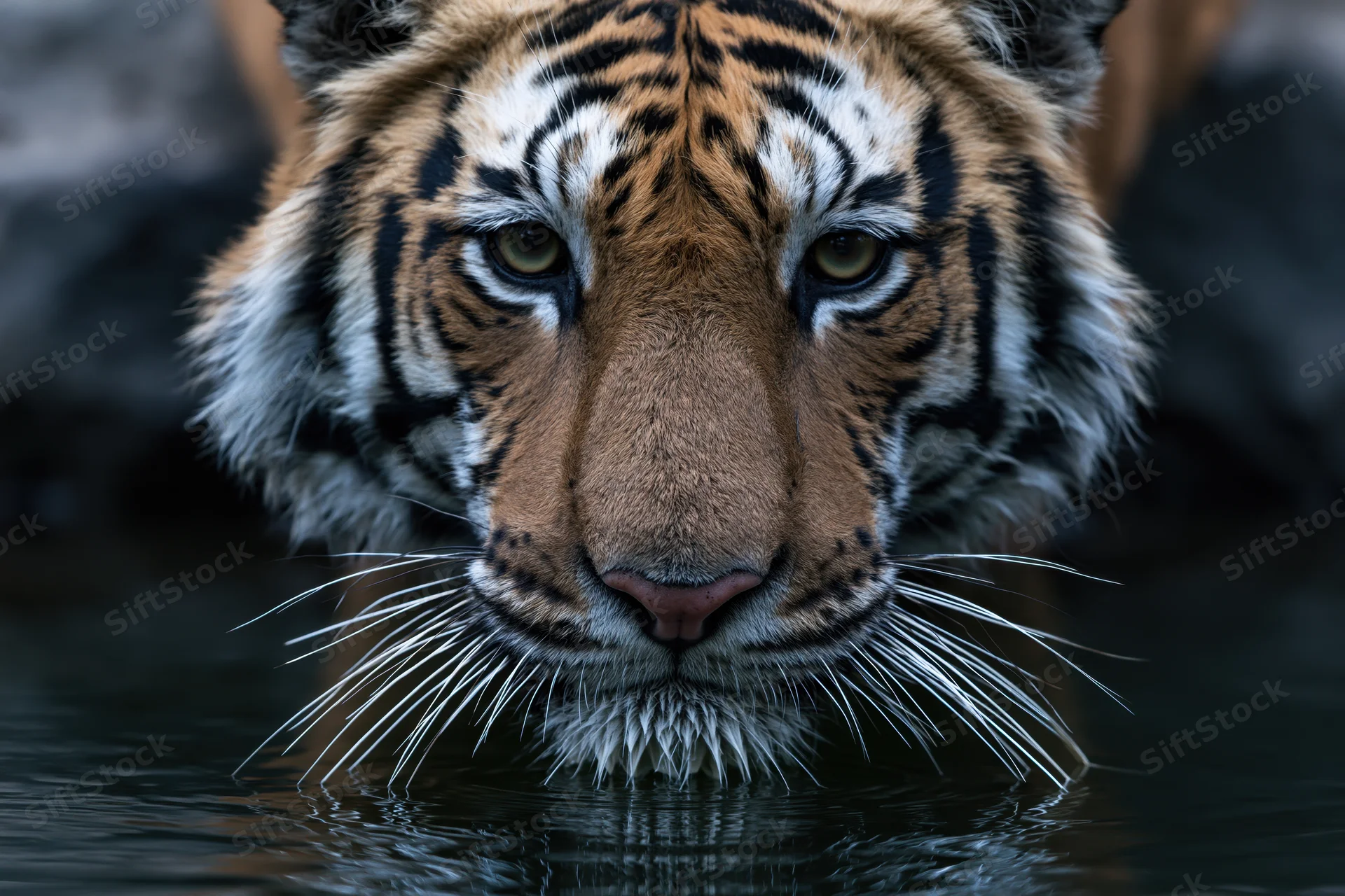 Bengal tiger lowering head to drink from dark still water