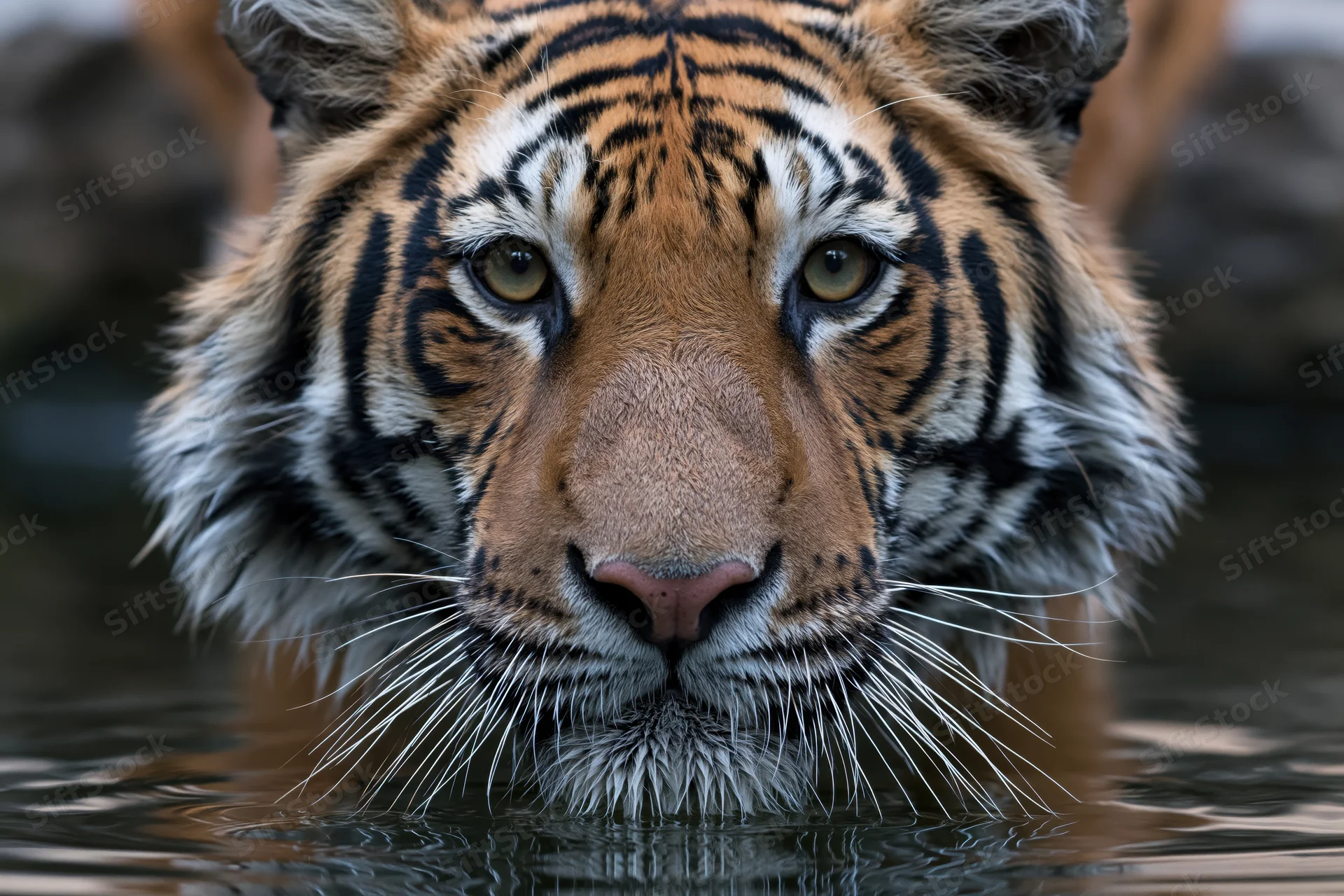 Bengal tiger lowering head to drink from dark still water