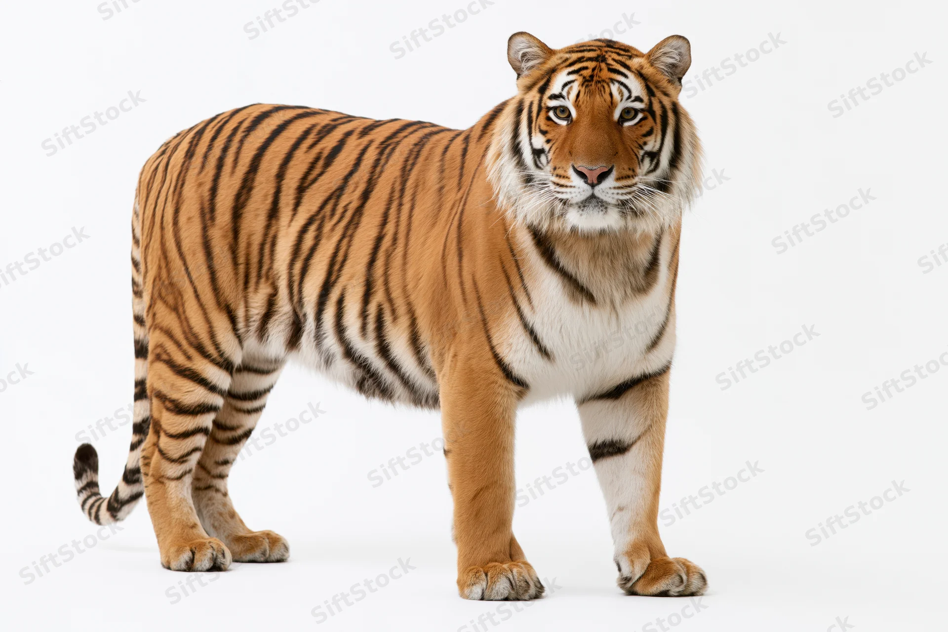 Adult bengal tiger standing alert facing camera on white background