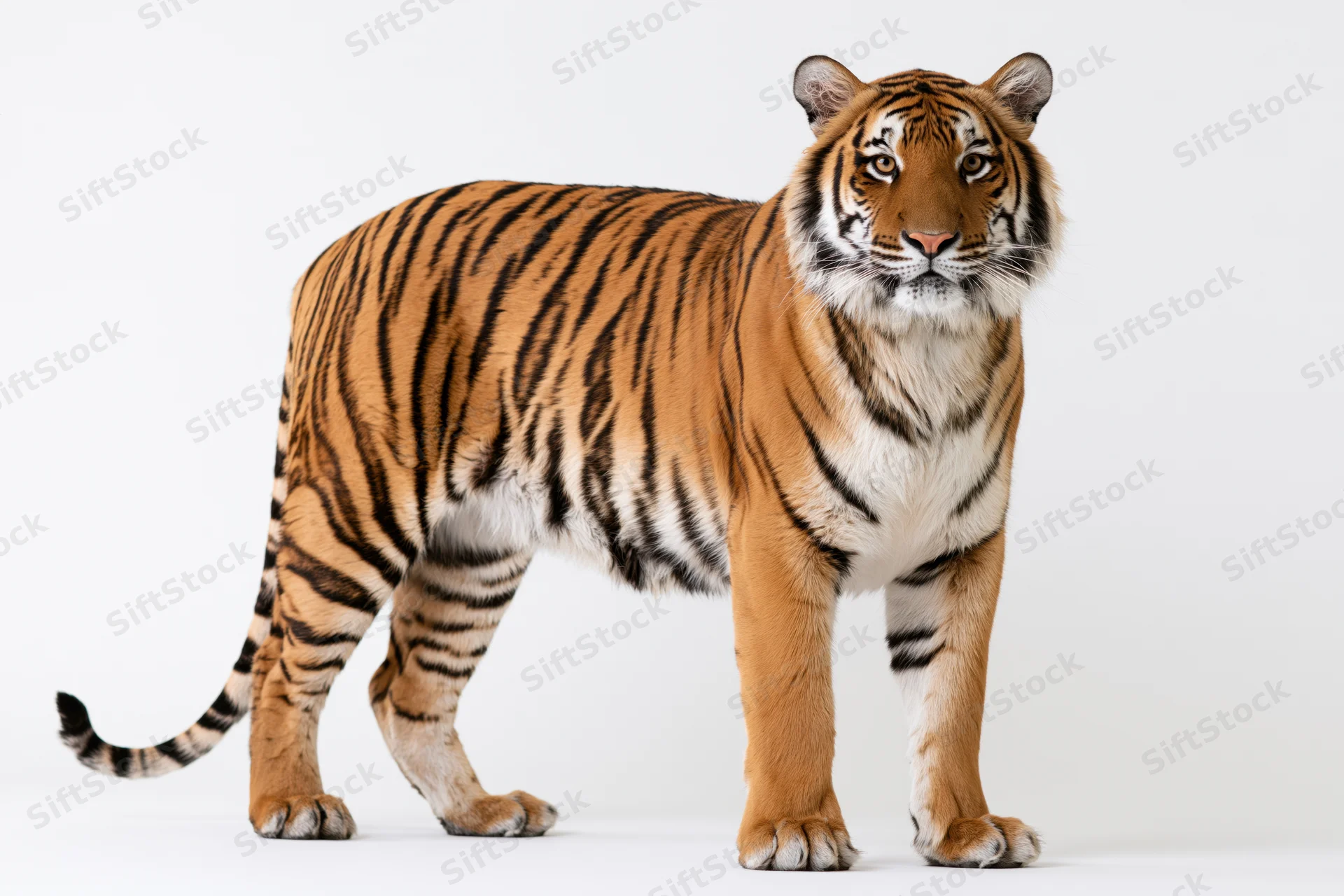 Adult bengal tiger standing alert facing camera in studio on white background
