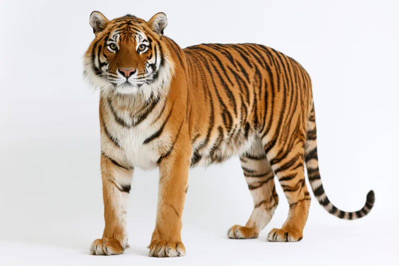 Bengal tiger standing alert facing camera in studio on white background