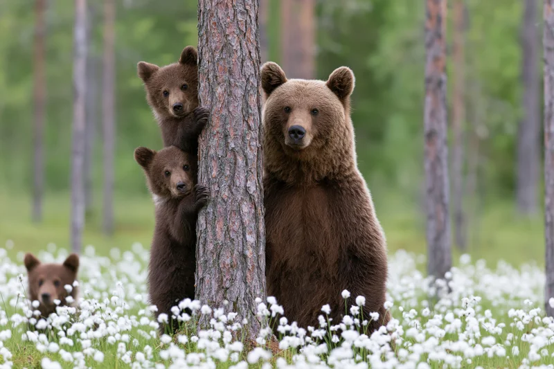 Adult brown bear standing upright beside pine tree with cubs peeking from behind in a flower-filled meadow