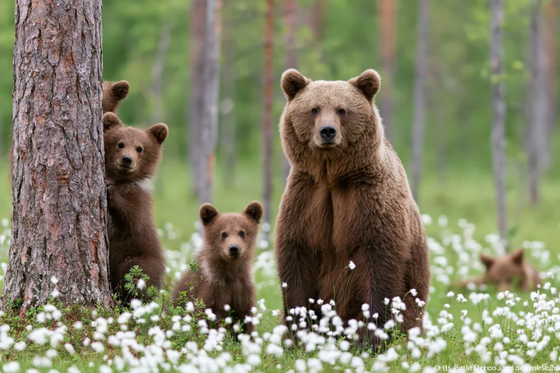 Mother bear standing upright with cubs in a forest meadow among white flowers