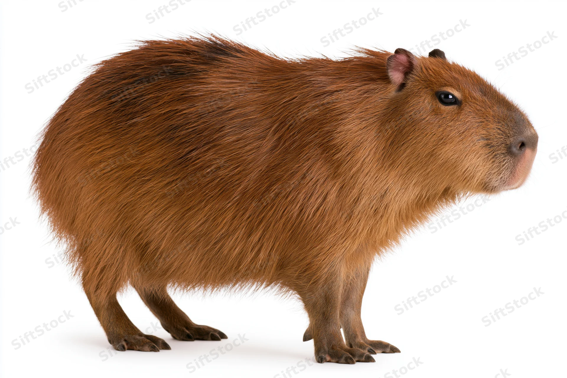 Adult capybara standing in profile view facing right on white background