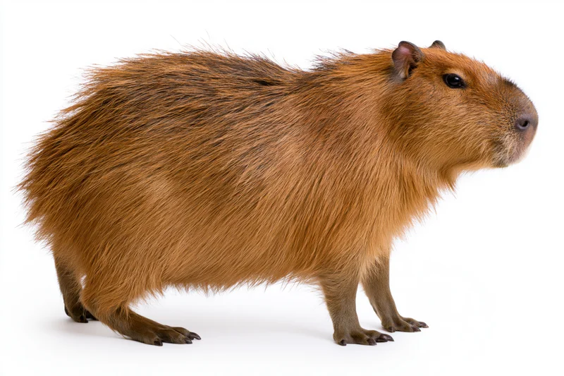 Adult capybara standing in profile view facing right on white background