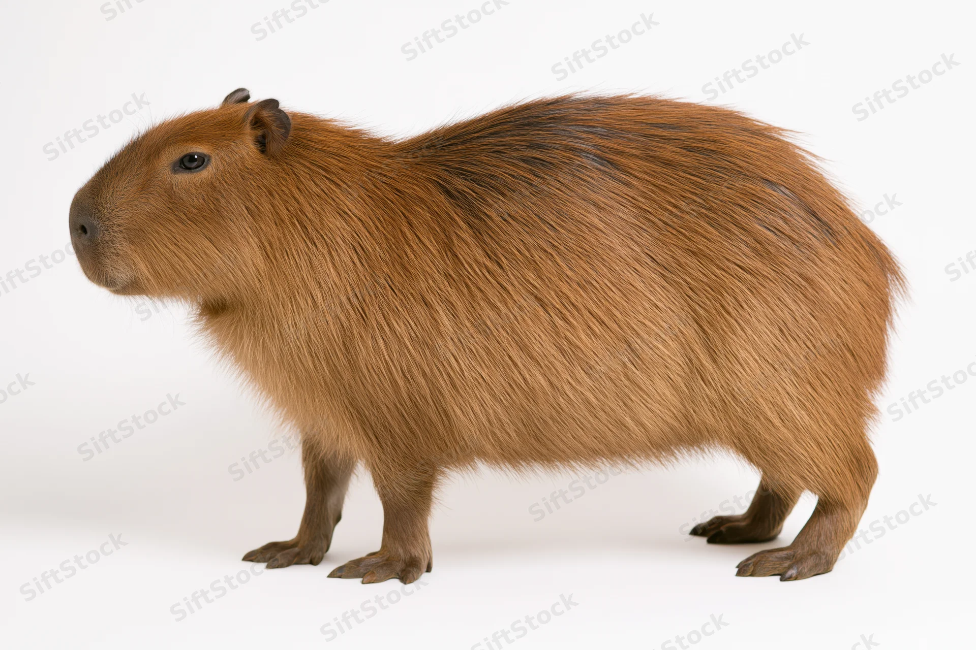 Capybara standing in profile view against white background