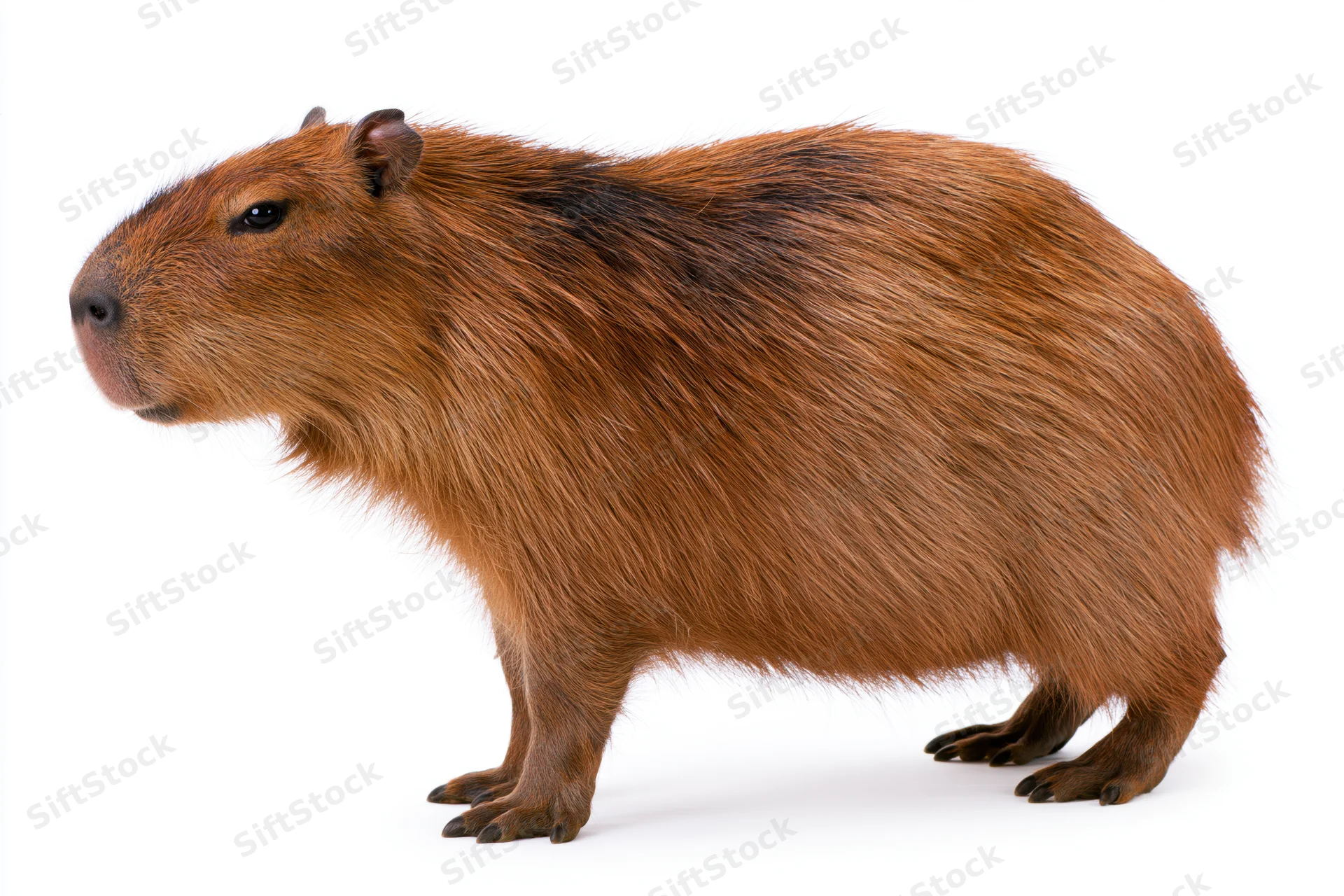 Capybara standing in profile view against white background