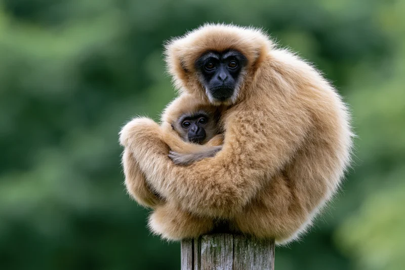 Adult female gibbon hugging baby on wooden post in forest setting