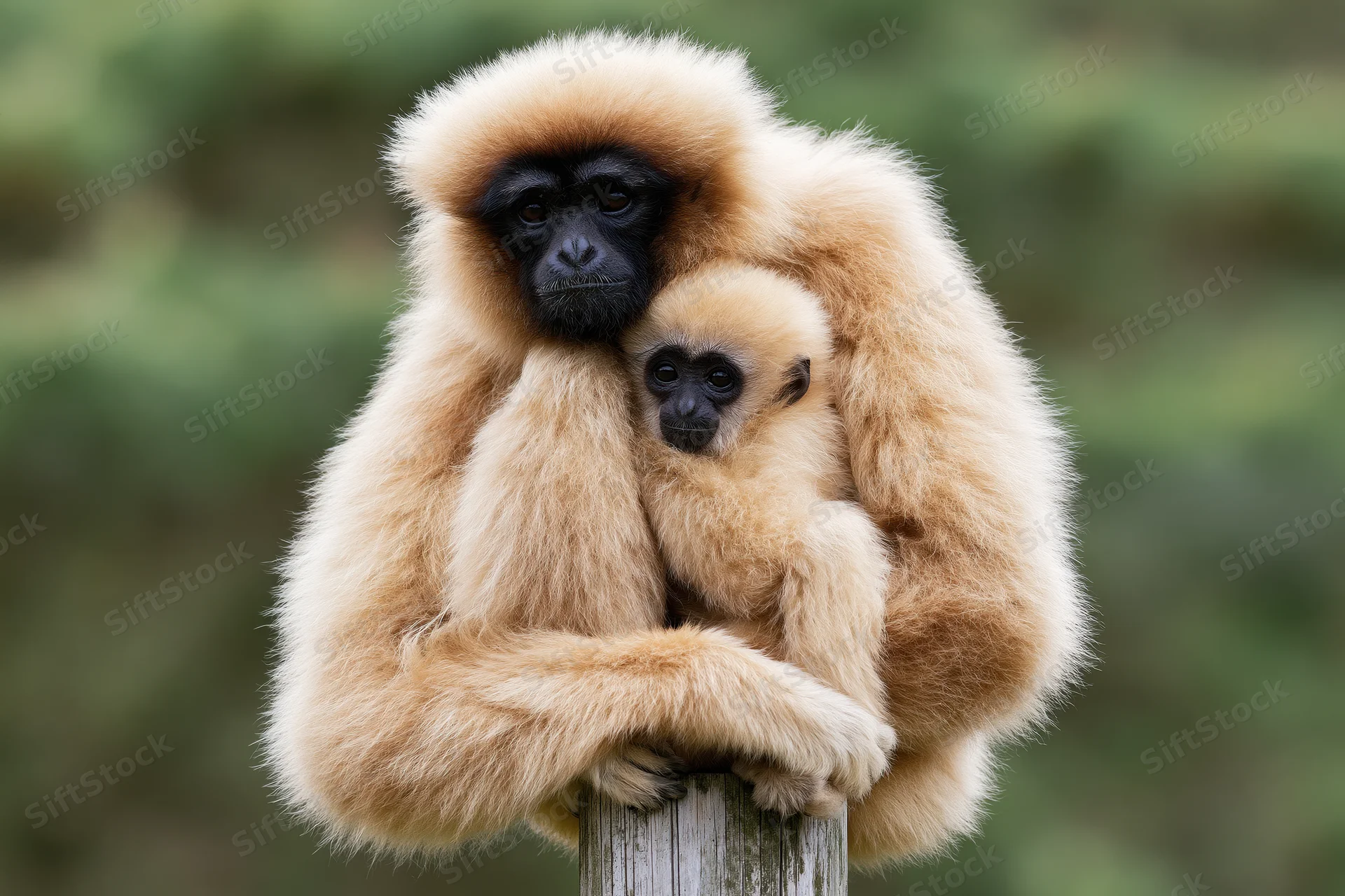 Adult female gibbon holding infant on wooden post in forest setting