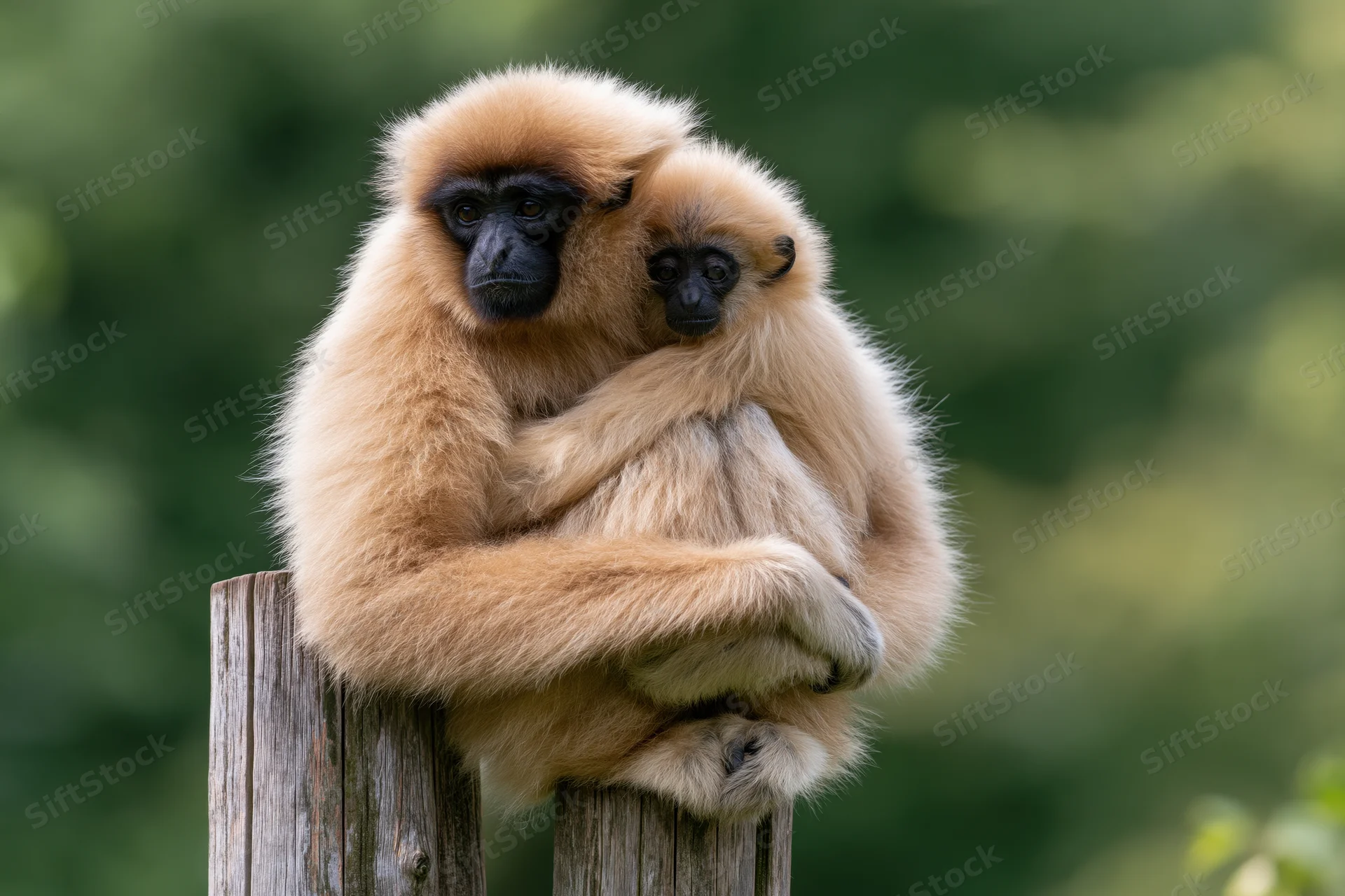 Adult female gibbon hugging infant while perched on wooden post in forest setting