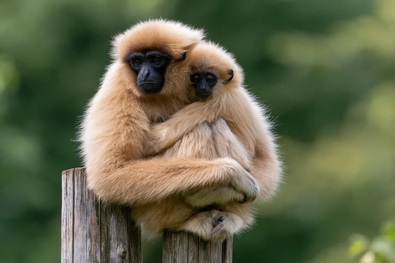 Adult female gibbon hugging infant while perched on wooden post in forest setting