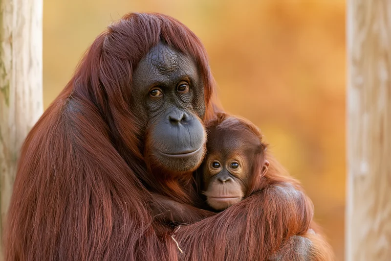 Adult female orangutan cradling infant against wooden posts in warm light