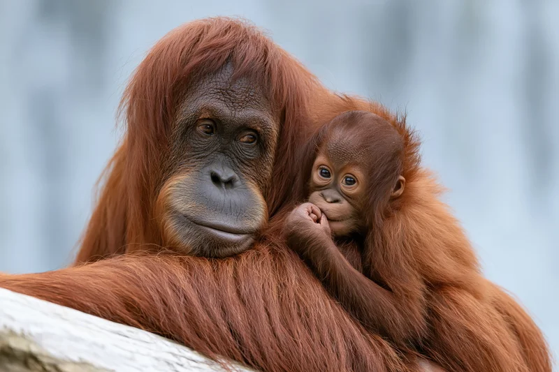 Mother orangutan resting with baby on a log