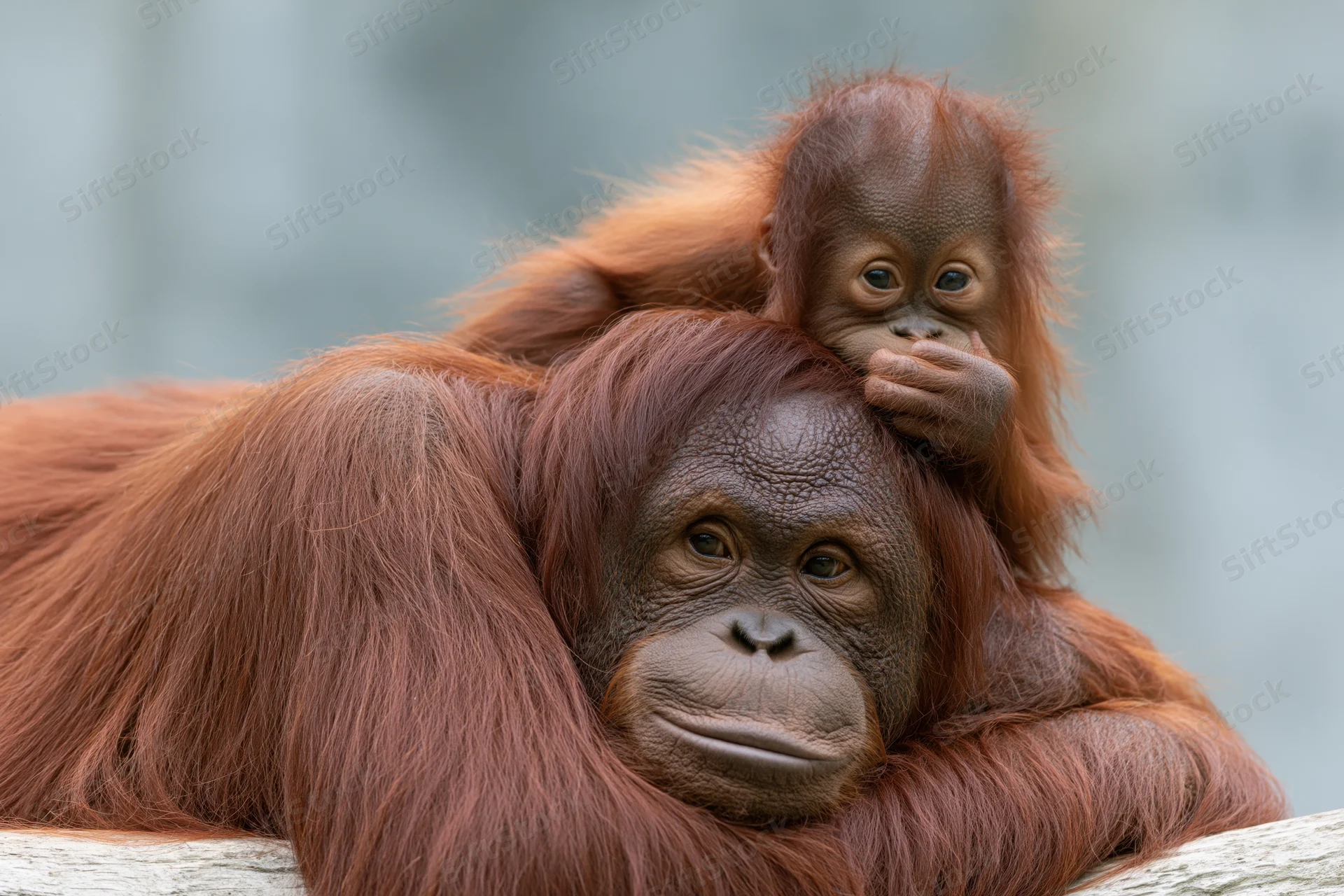 Mother orangutan resting on a log with baby perched on her head