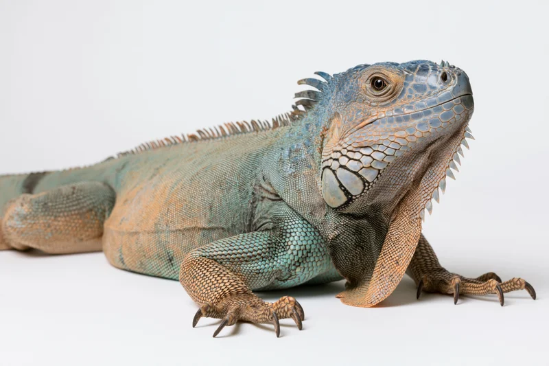 Adult iguana resting with head raised on white surface