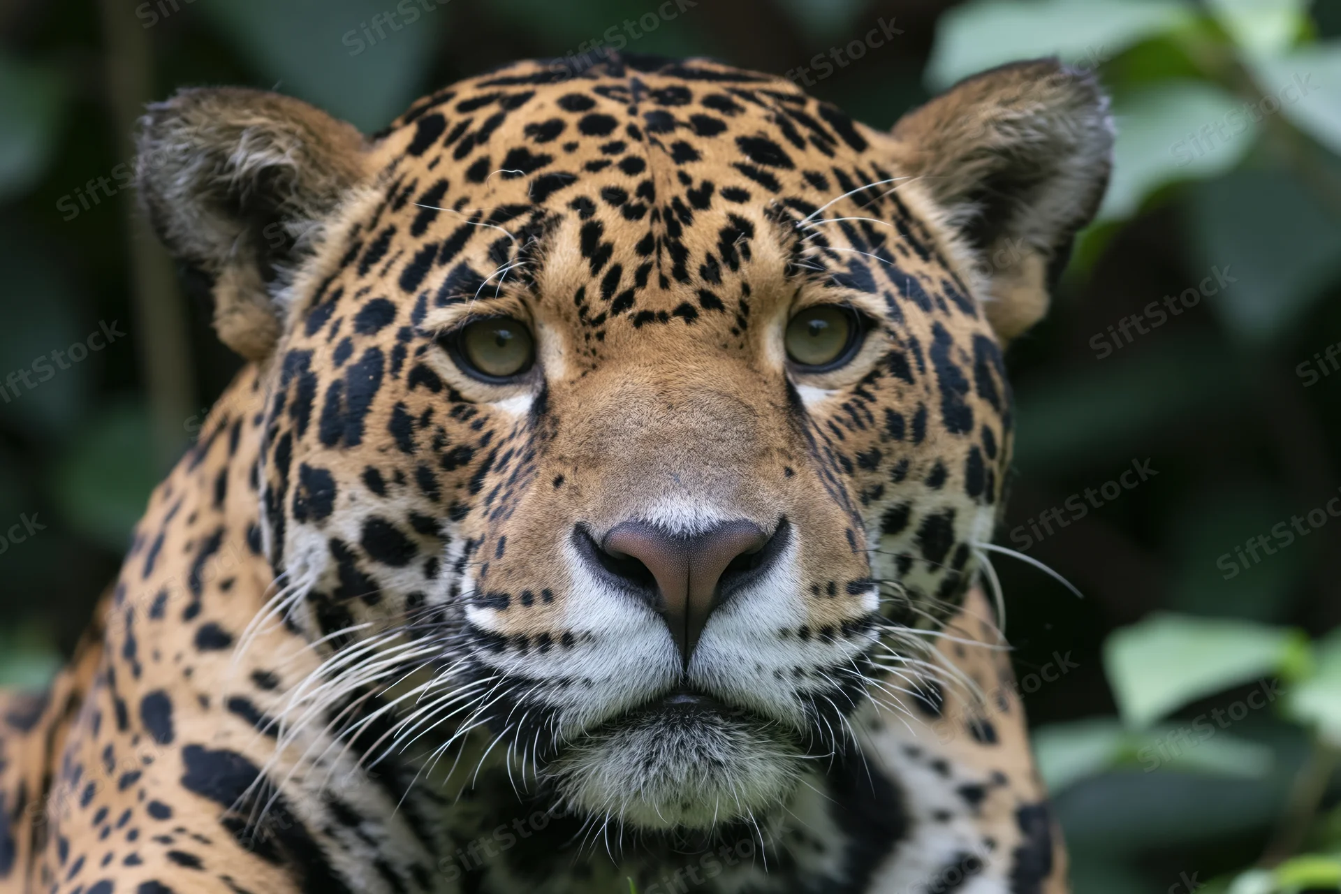 Jaguar facing camera in close-up view among green foliage