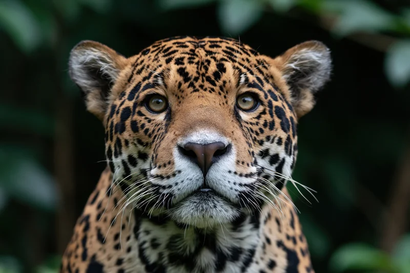 Jaguar facing camera in dense forest foliage