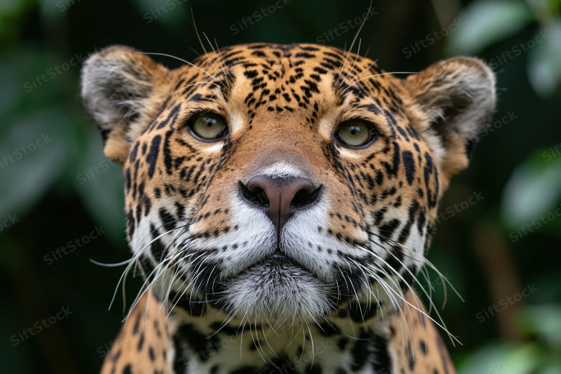 Jaguar looking directly at camera with intense gaze in forest setting