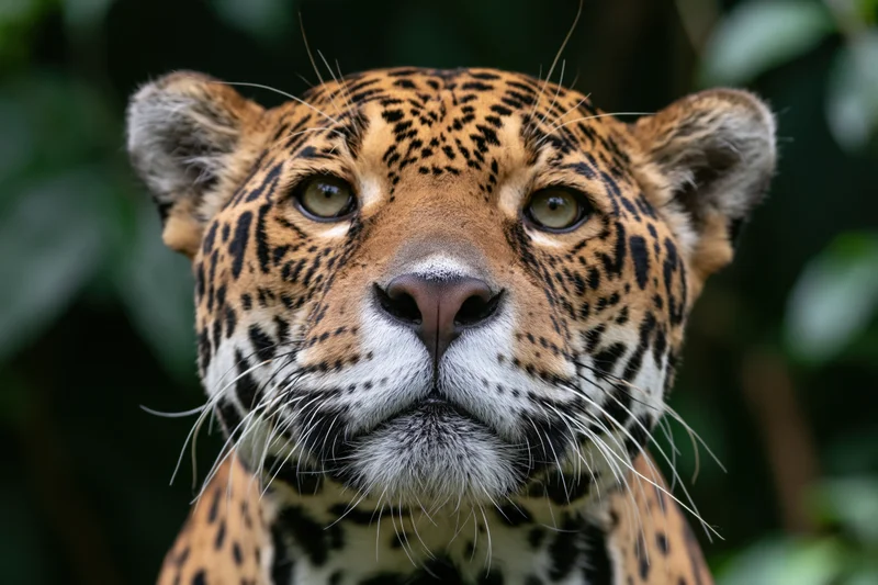 Jaguar looking directly at camera with intense gaze in forest setting