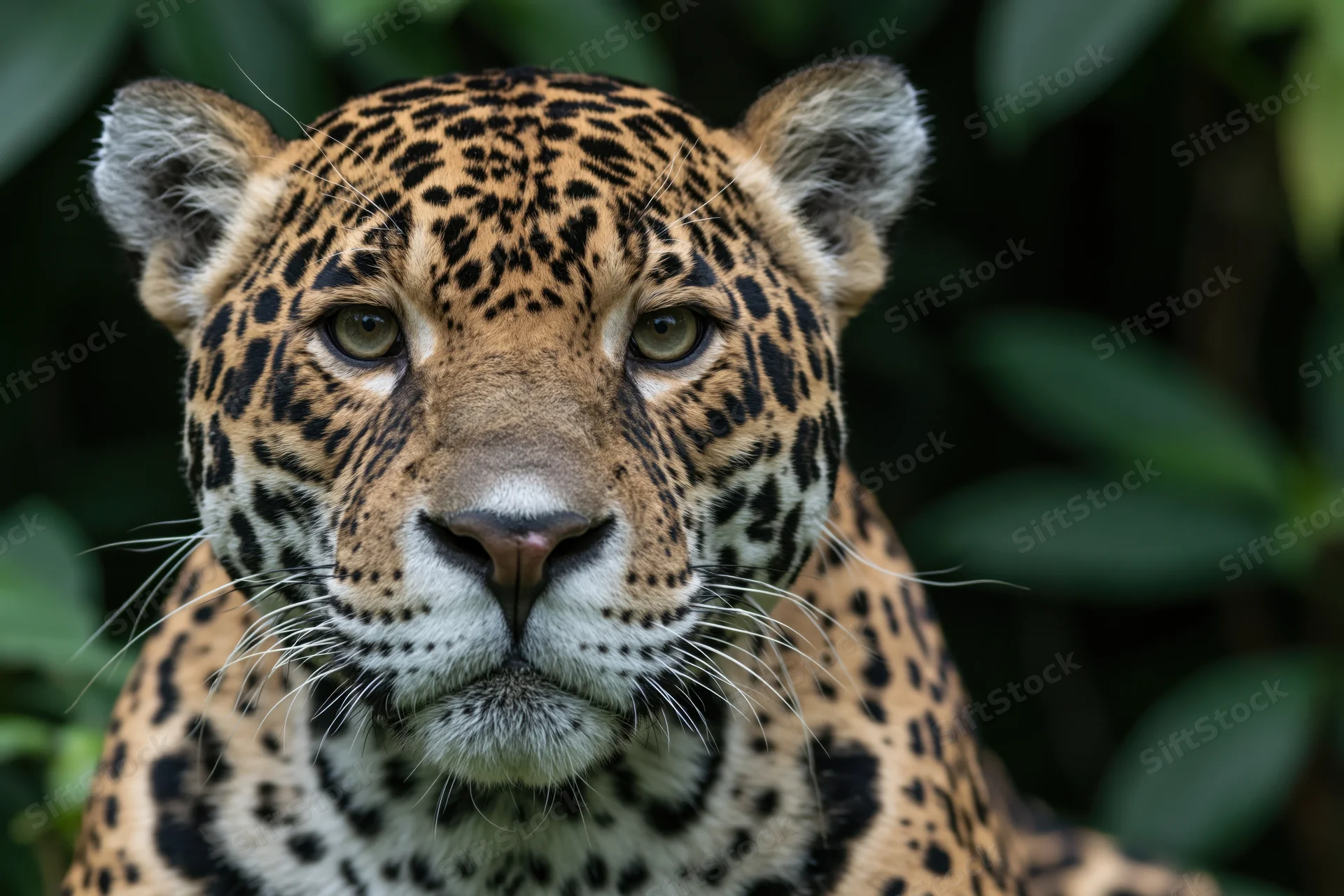 Jaguar looking directly at camera in a forest setting