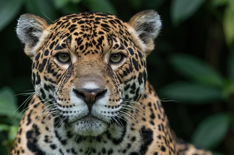Jaguar looking directly at camera in a forest setting