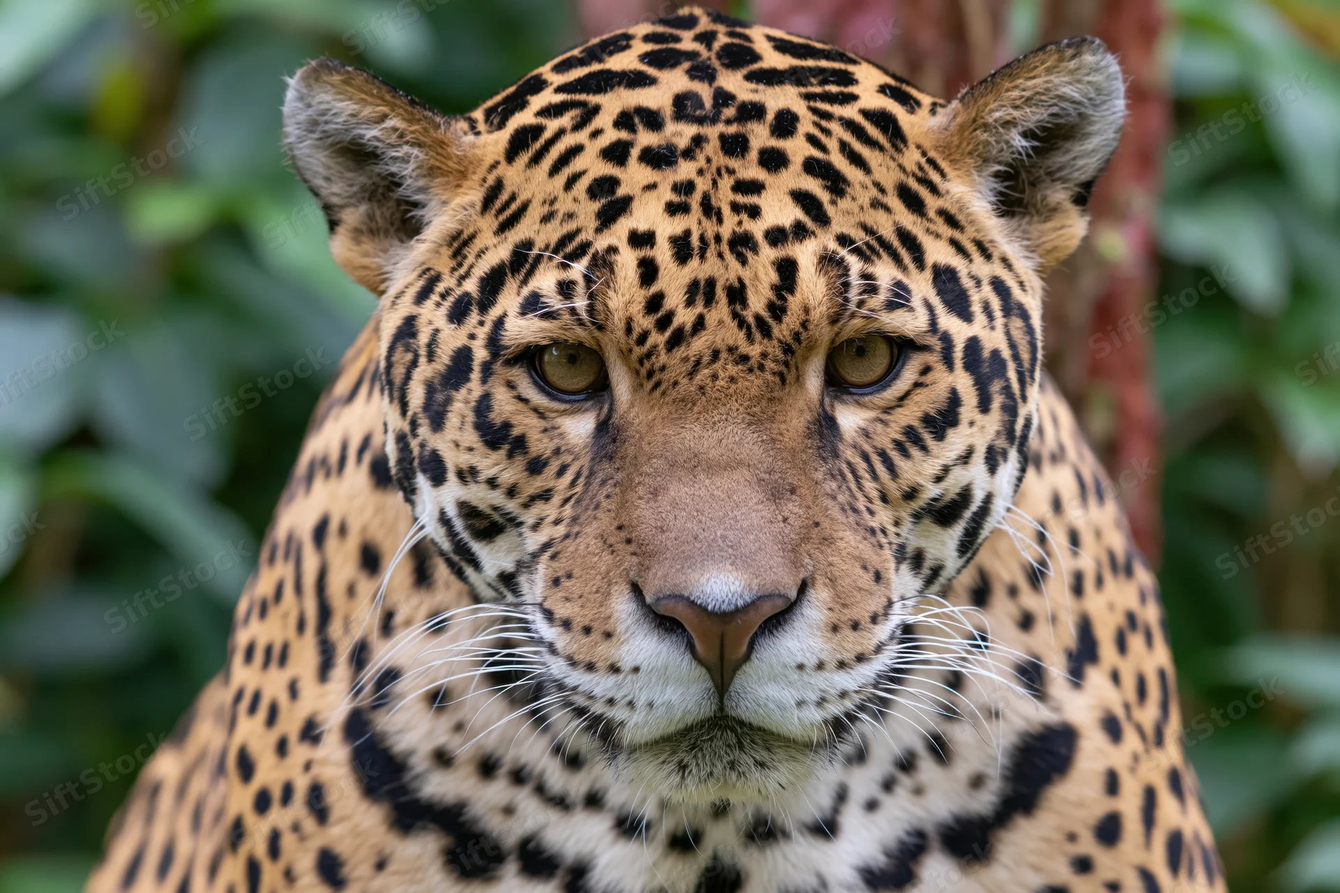 Jaguar staring directly at camera with intense gaze in jungle foliage