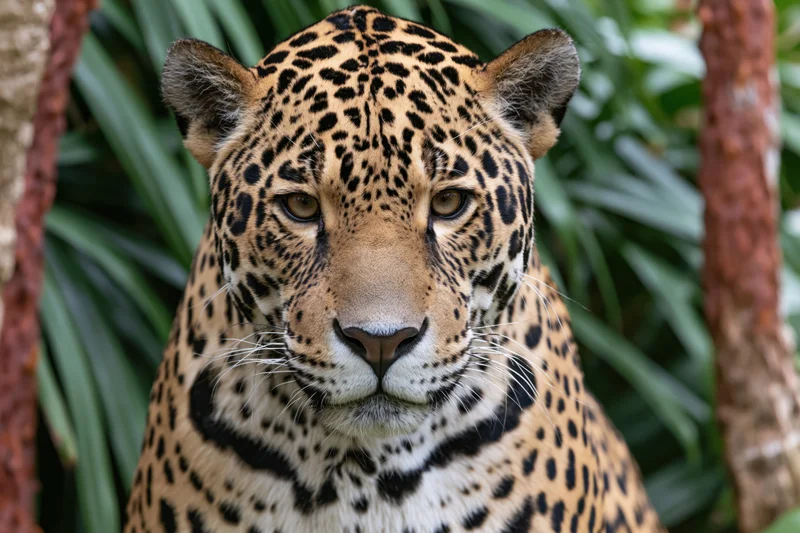 Jaguar staring directly at camera in dense green foliage