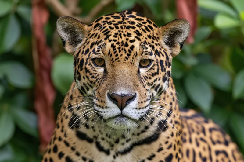 Jaguar staring directly at camera in dense green foliage