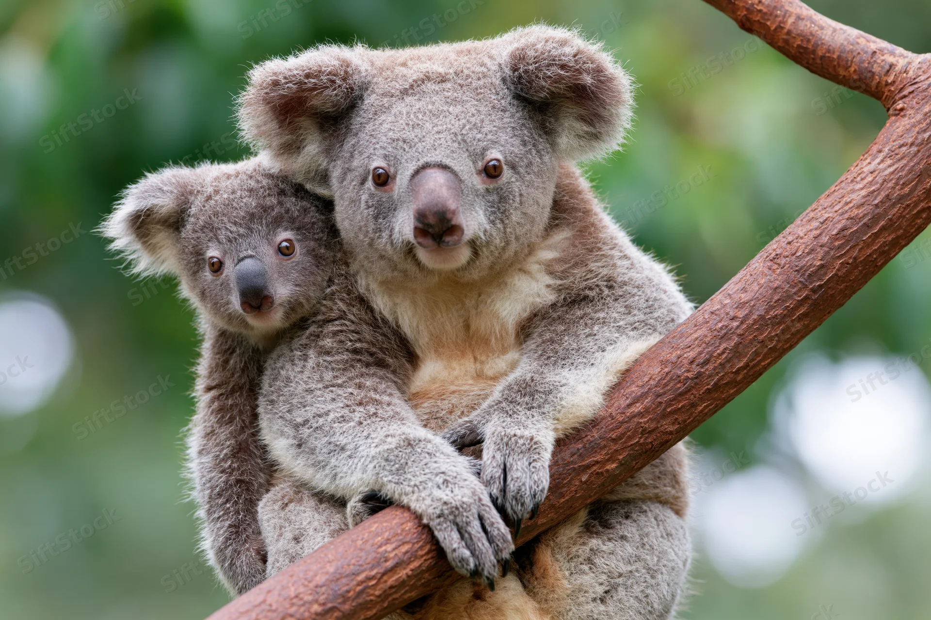 Mother koala holding baby on eucalyptus branch in forest