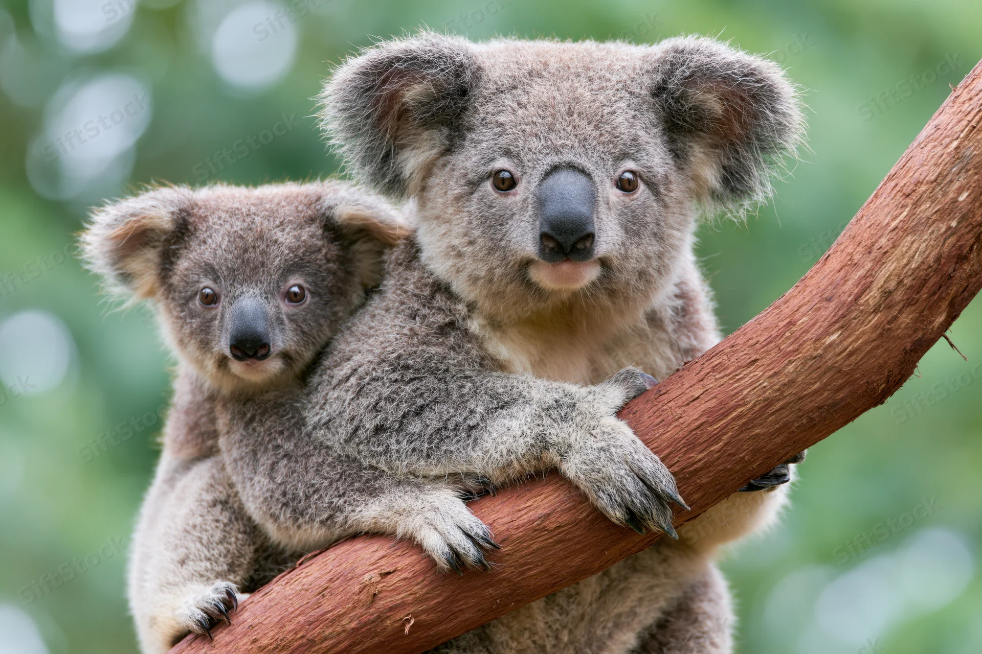 Mother koala holding baby on a tree branch in natural habitat