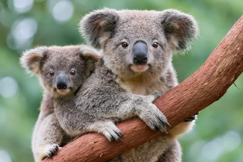 Mother koala holding baby on a tree branch in natural habitat
