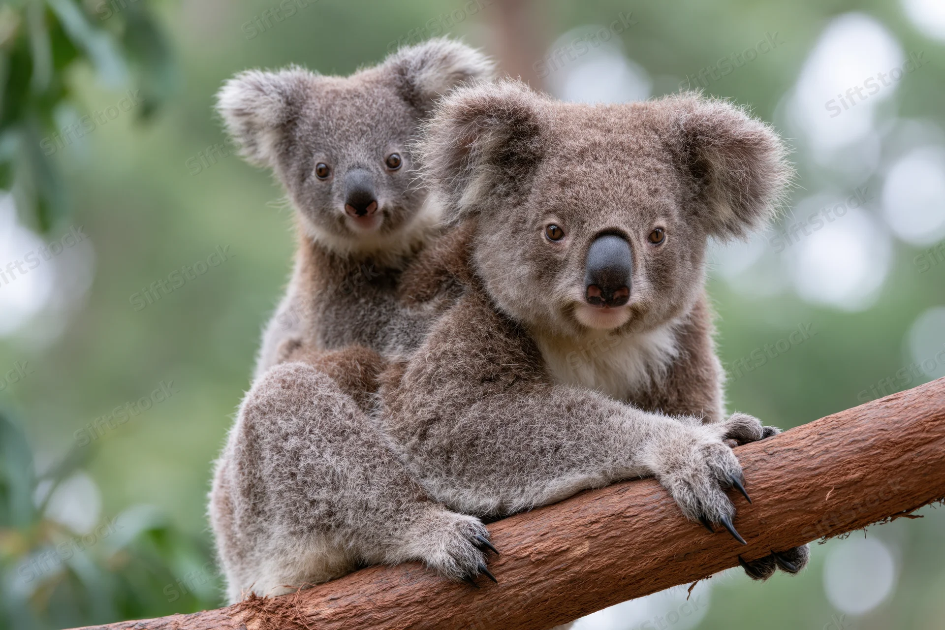 Mother koala and baby perched on a tree branch in forest
