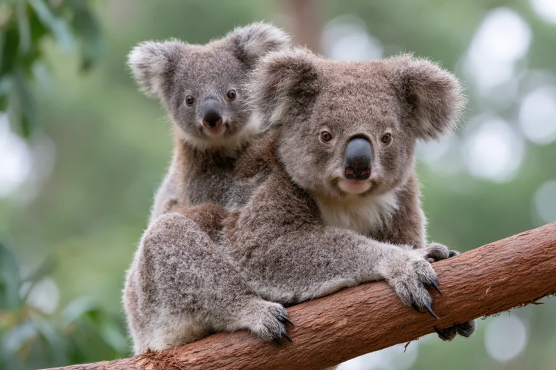 Mother koala and baby perched on a tree branch in forest