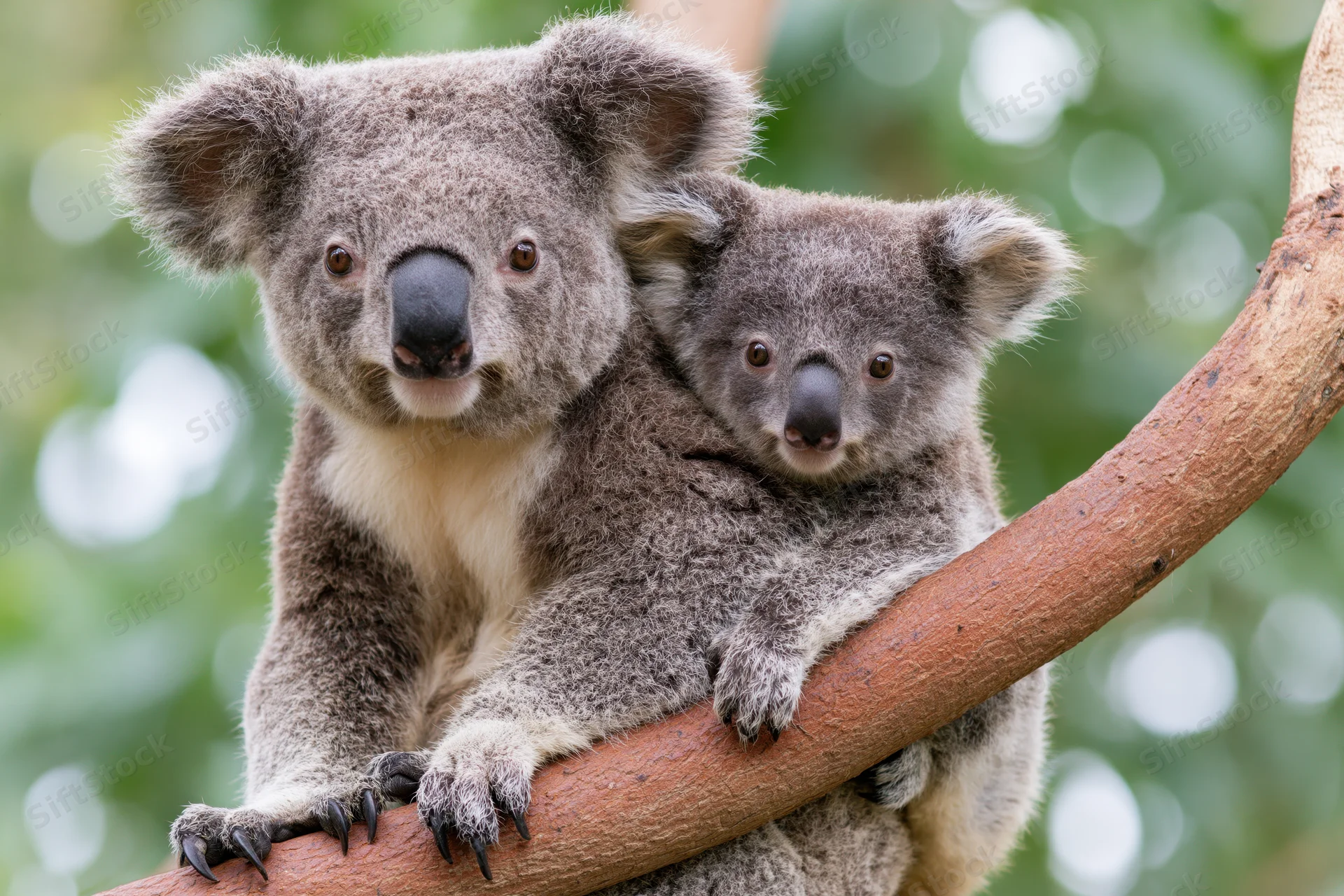 Mother koala with baby clinging to her back on a tree branch