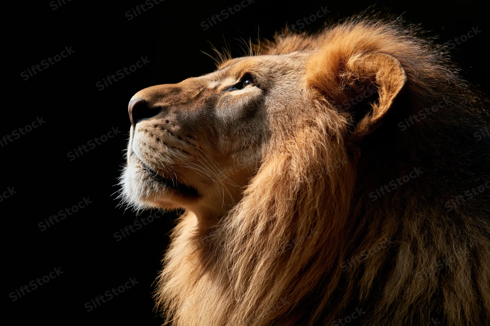 Male lion in profile gazing upward against black background
