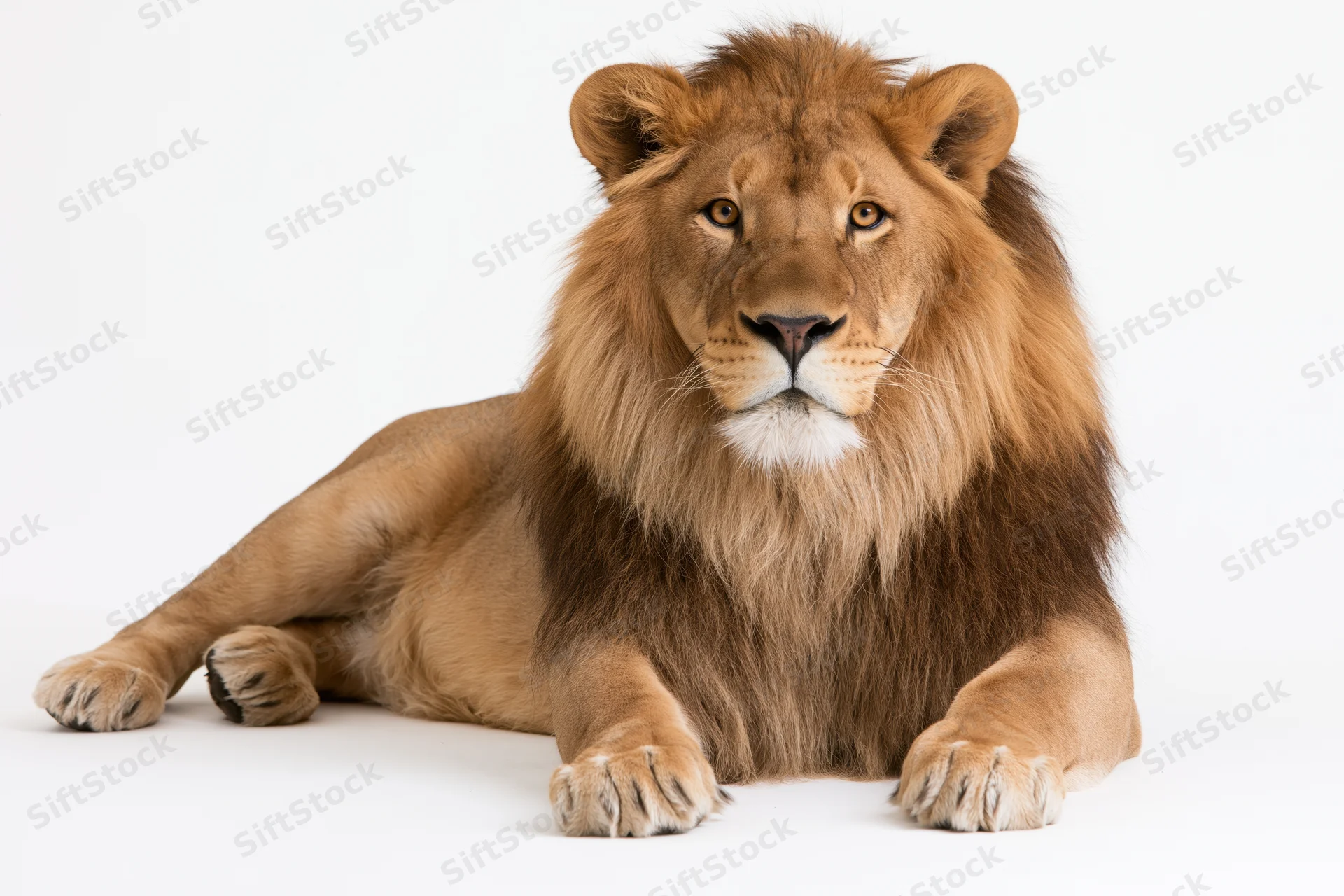 Adult male lion lying down with front paws stretched forward on white background