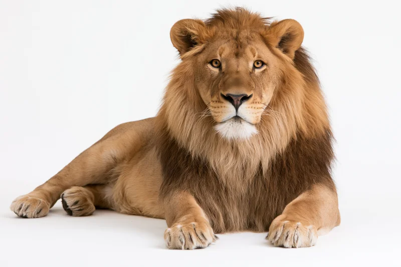 Adult male lion lying down with front paws stretched forward on white background