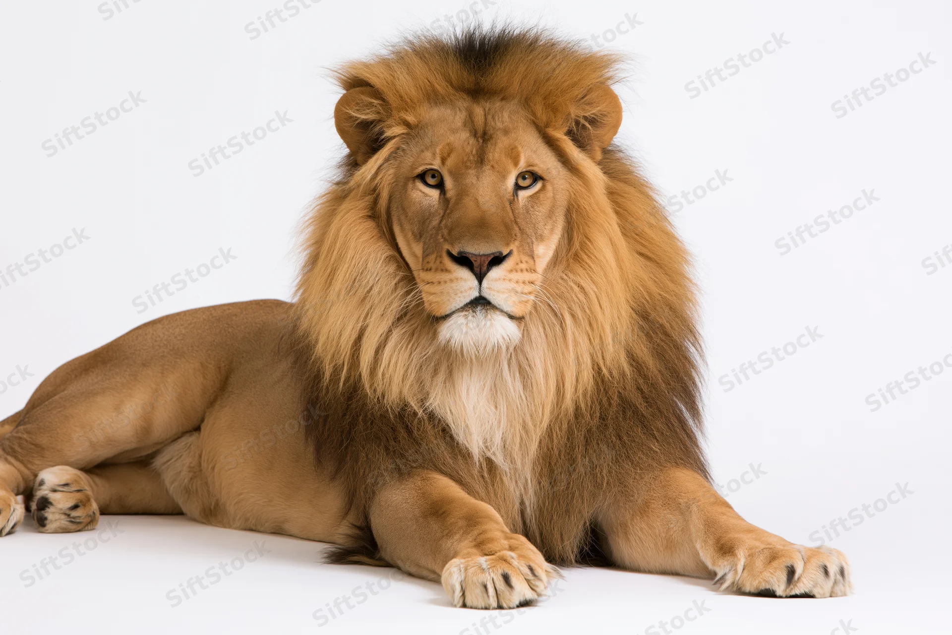Adult male lion lying down with front paws stretched forward on white background