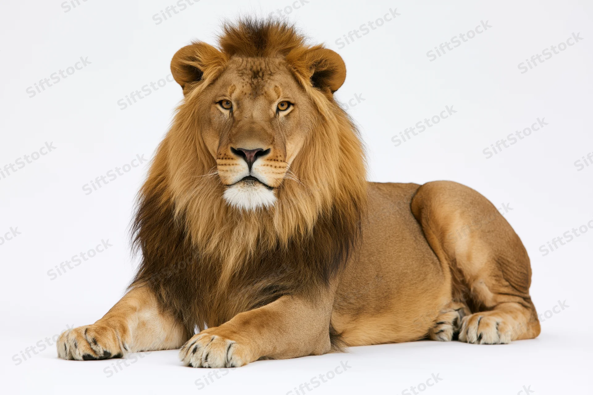 Adult male lion lying down with front paws stretched forward on white background