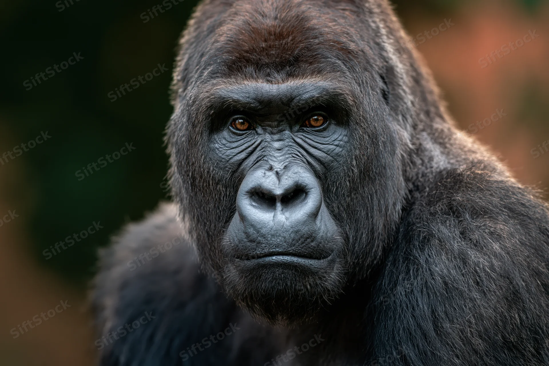 Adult male silverback gorilla gazing directly at camera in close-up portrait