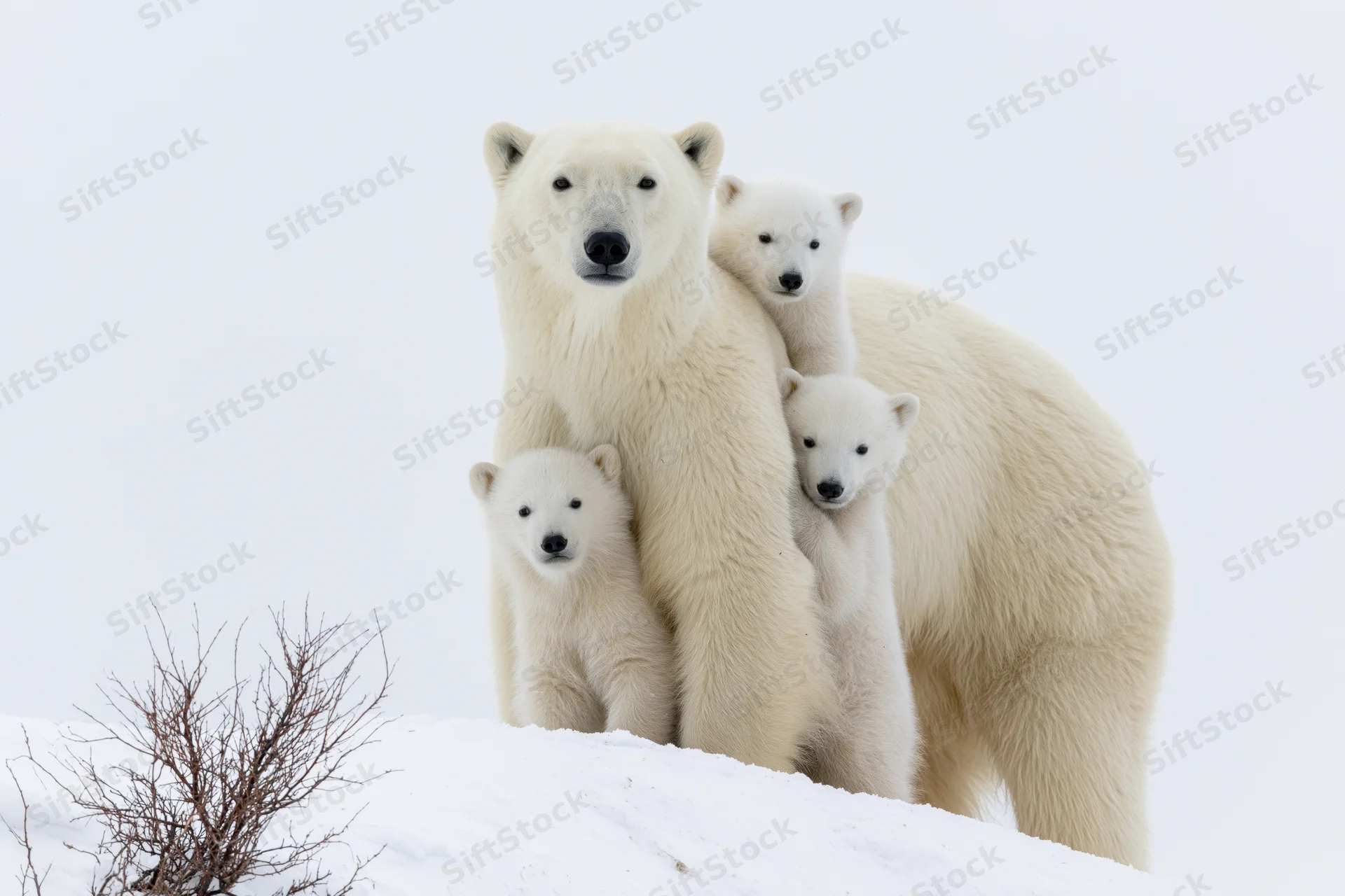 Mother polar bear with three cubs standing on snow ridge in arctic landscape
