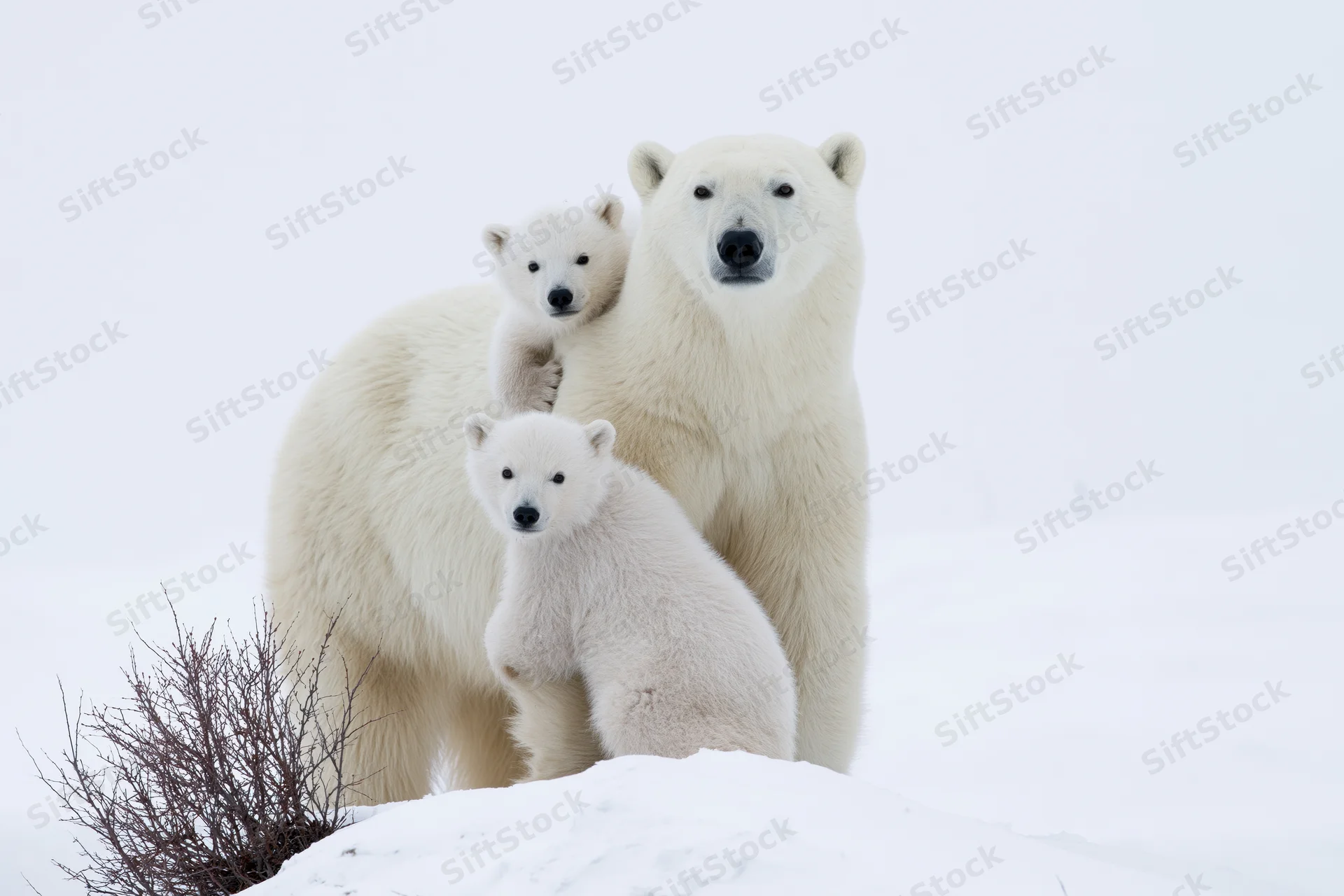 Adult polar bear standing on snow ridge with two cubs