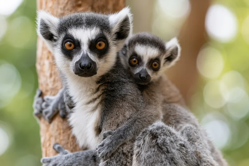 Adult ring-tailed lemur clinging to tree trunk with baby clinging to its back in forest setting