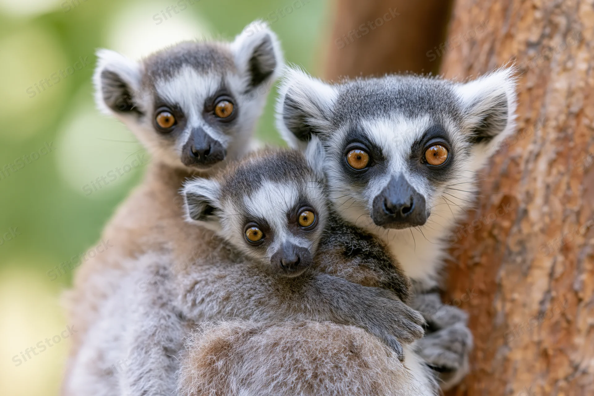 Three ring-tailed lemurs clinging to a tree trunk in a forest setting