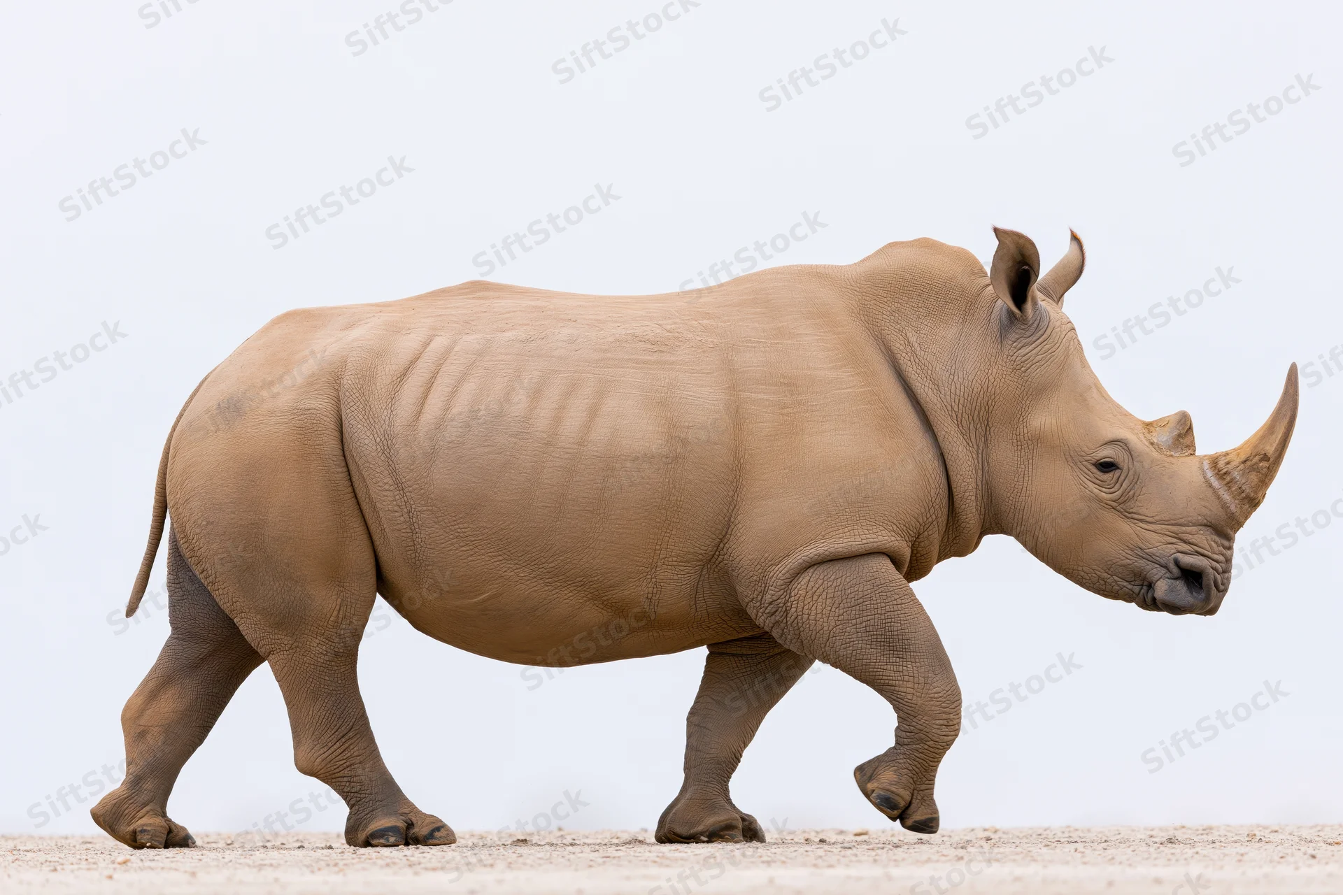 White rhinoceros walking in profile view on sandy ground against plain background