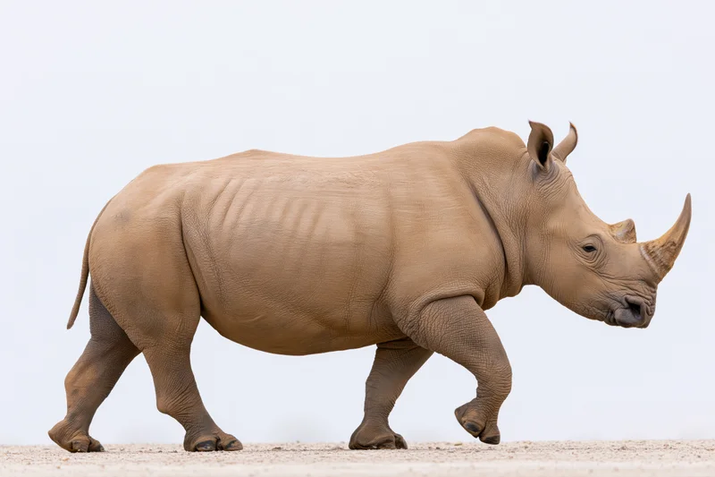 White rhinoceros walking in profile view on sandy ground against plain background