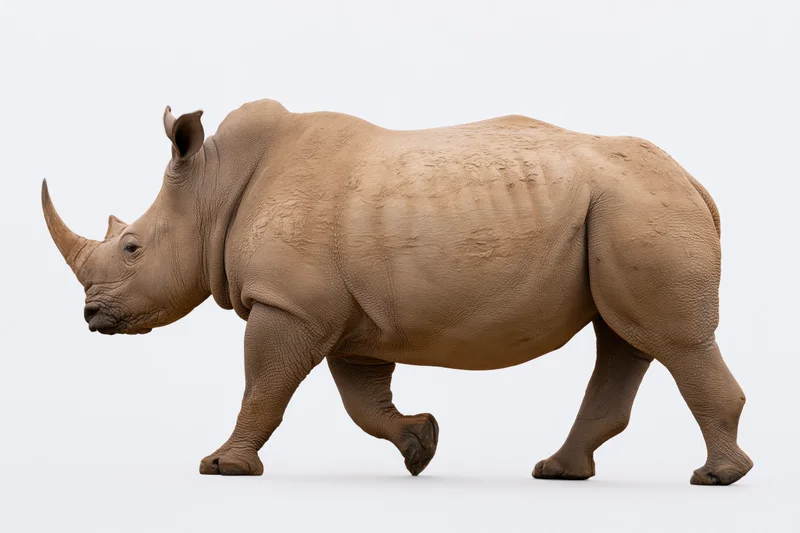 White rhinoceros walking in profile view full body visible against white background