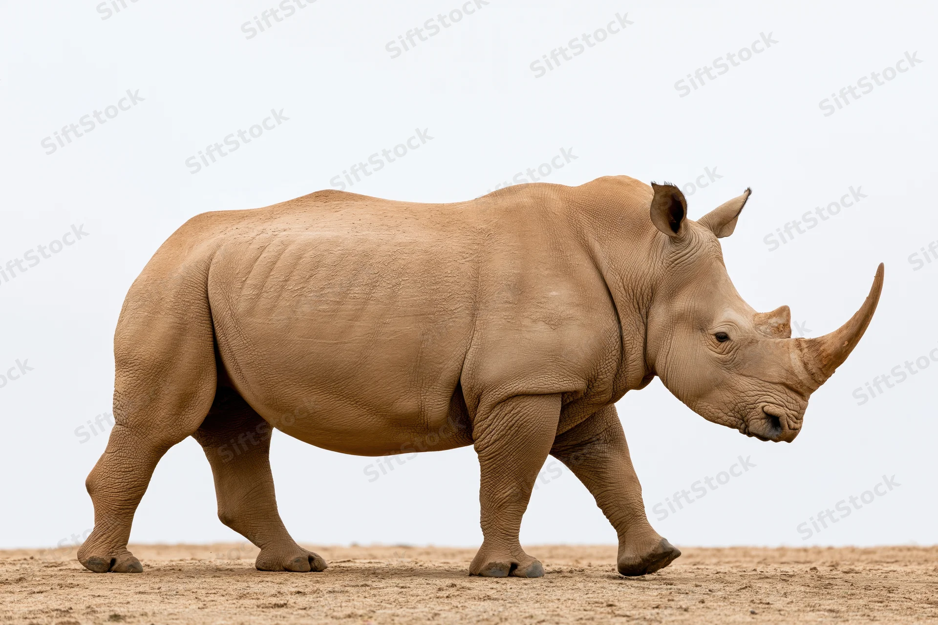 White rhinoceros walking in profile view on sandy ground