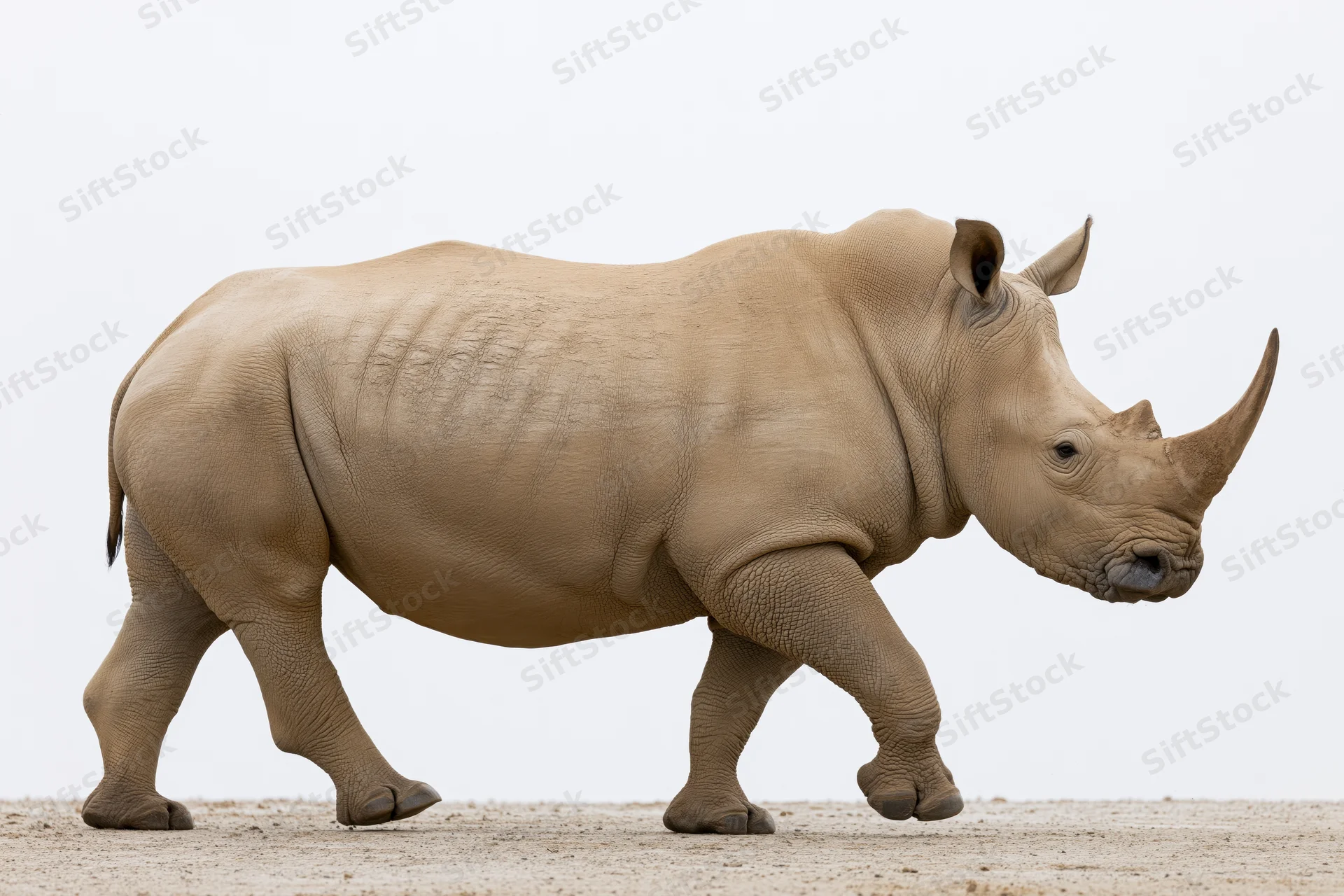 White rhinoceros walking in profile view on sandy ground against white background