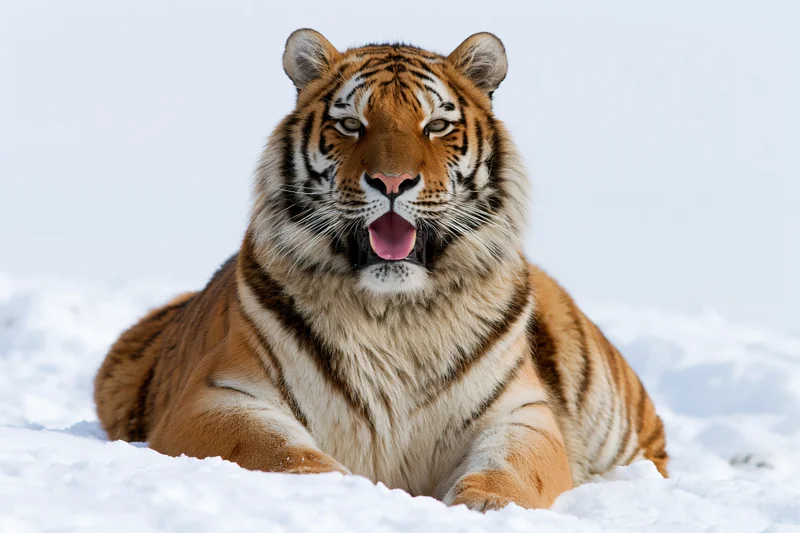 Amur tiger resting on snow with mouth open and tongue visible